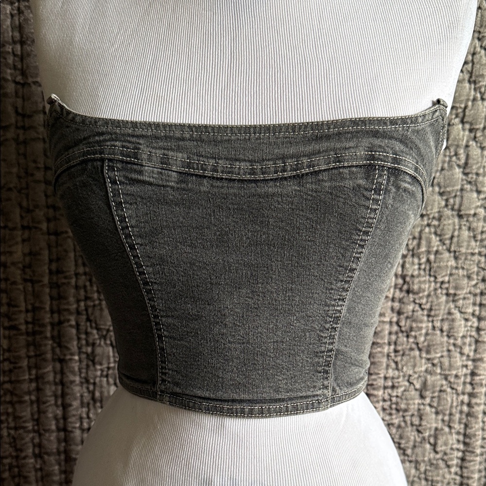 Plein Sud Gray Denim Crop Corset Top